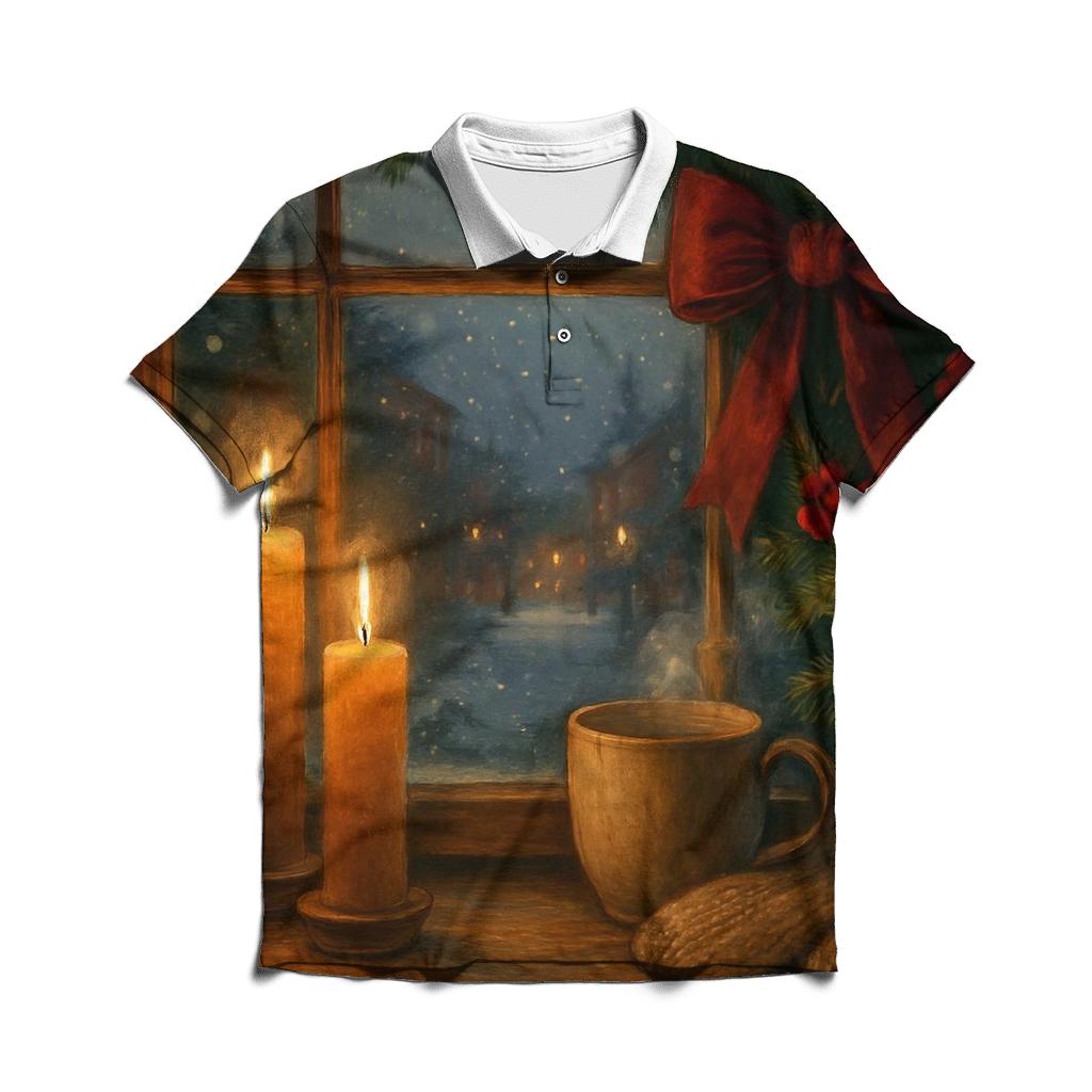 Candlelit Evergreen Window At First Snow embroidered polo tops