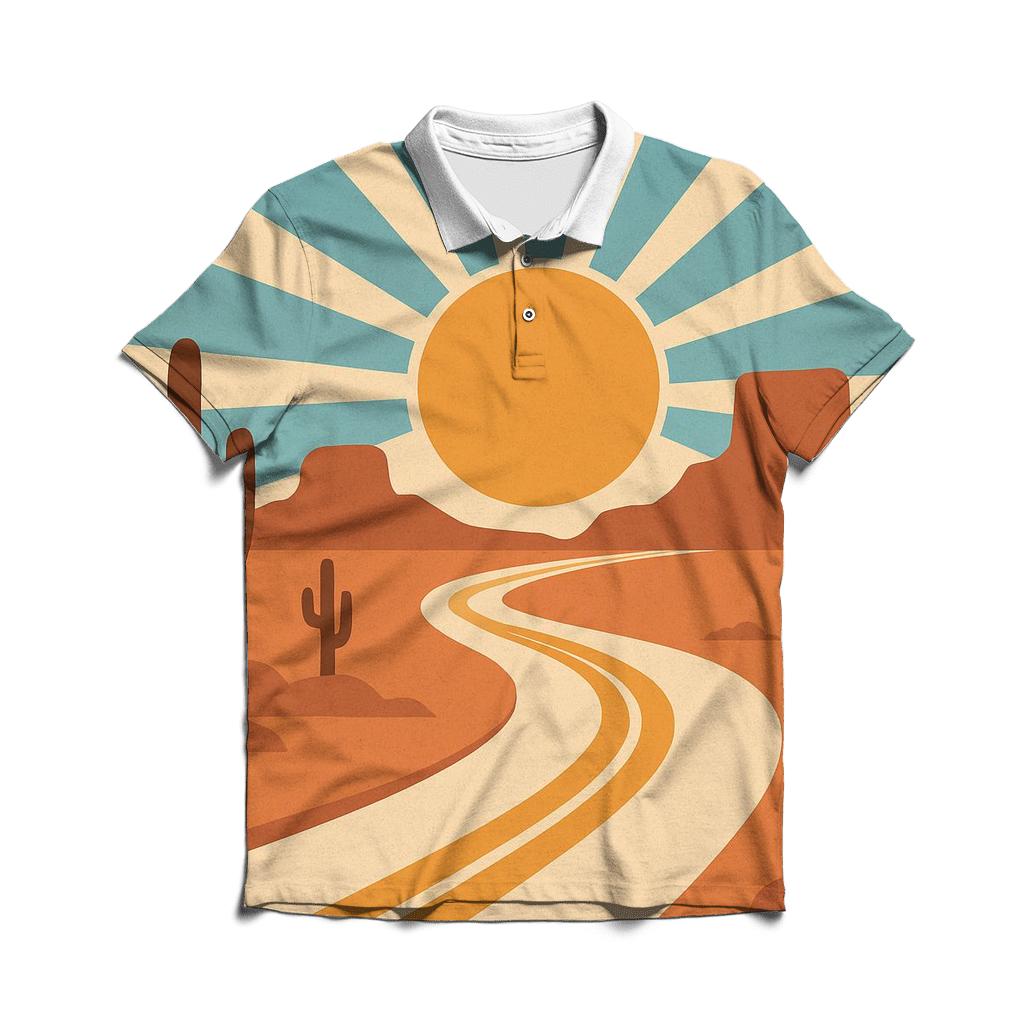 Desert Road Trip Sunburst Map branded logo polo shirts