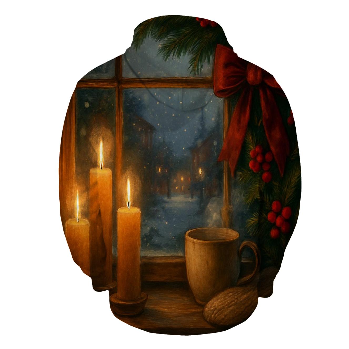 Candlelit Evergreen Window At First Snow hoodie designs
