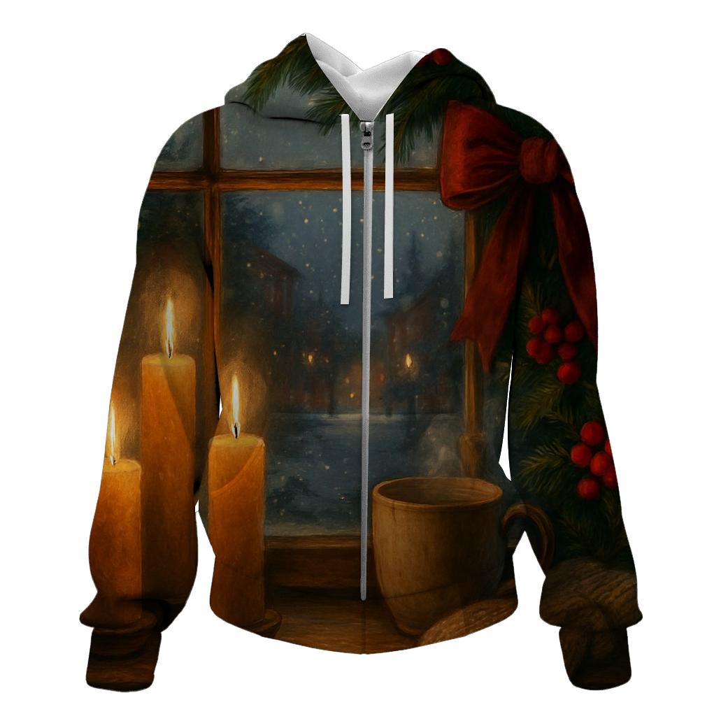 Candlelit Evergreen Window At First Snow premium hoodies