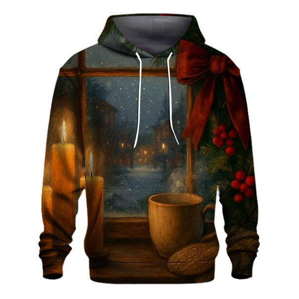 Candlelit Evergreen Window At First Snow graphic hoodies