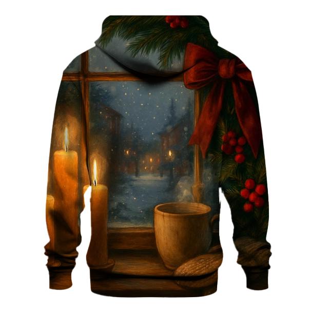 Candlelit Evergreen Window At First Snow graphic hoodies