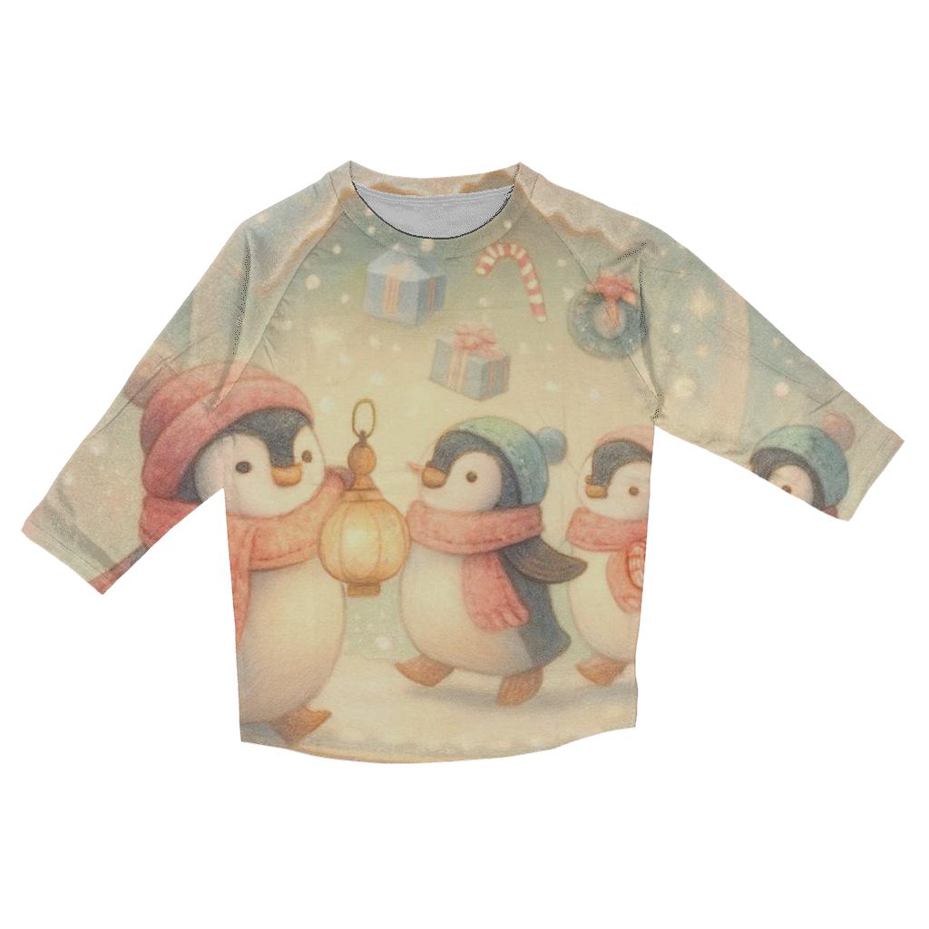 Snow Globe Penguin Parade Carousel printed three quarter sleeve shirts