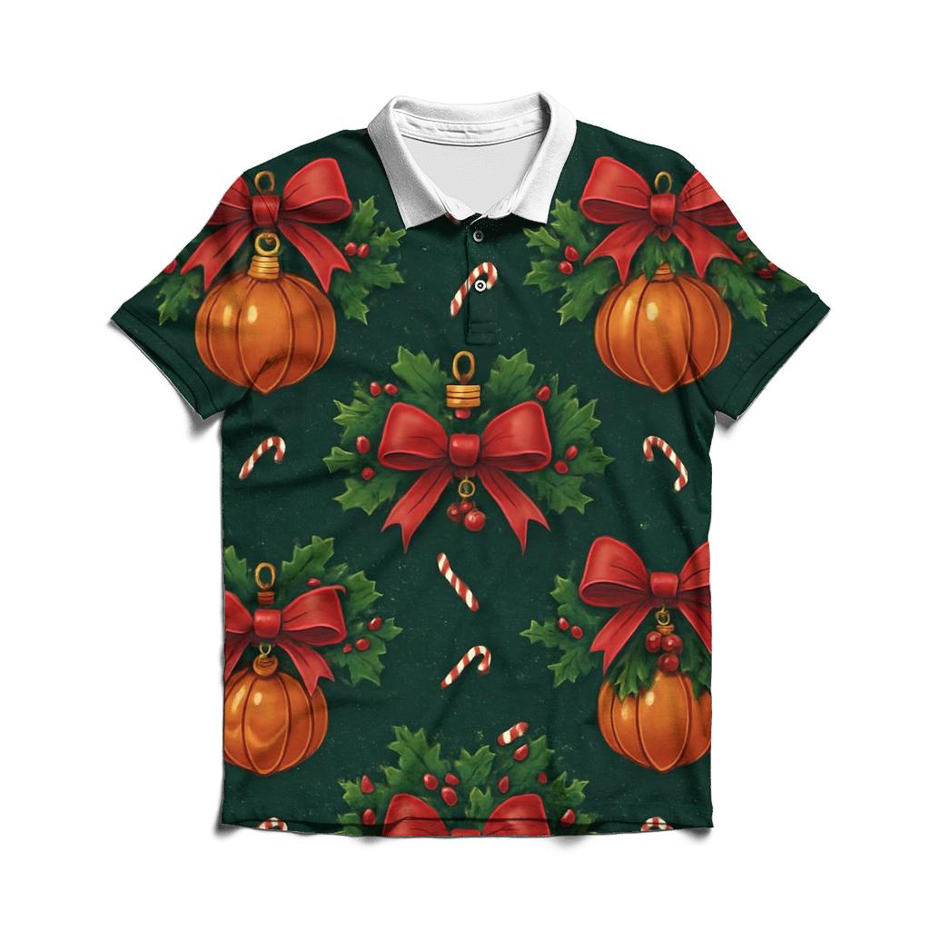 Holly Wrapped Pumpkin Ornament Lattice On Midnight Green Background stylish collar polo tees