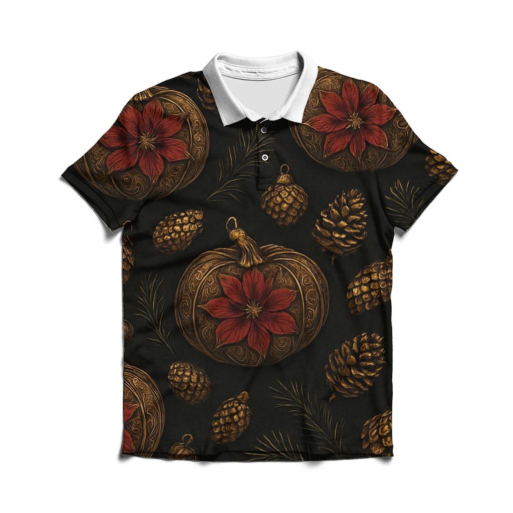 Golden Poinsettia Pumpkin Scatter On Charcoal Black Background casual sports polo shirts