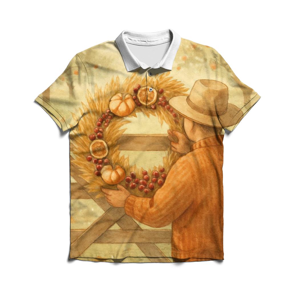 Harvest Wreath Under Morning Orchard Mist personalized polo shirts