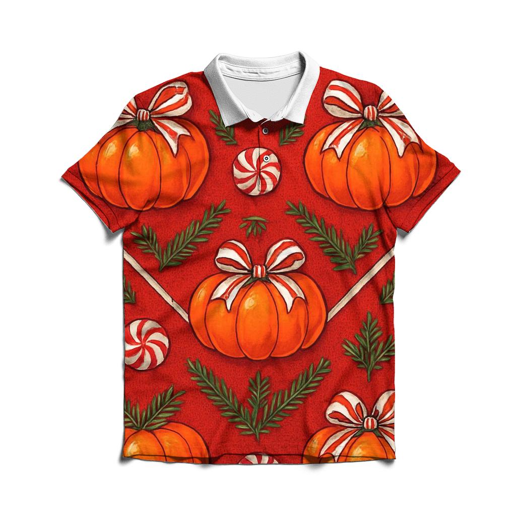 Candy Cane Chevron Pumpkin Ribbon On Red Background stylish collar polo tees