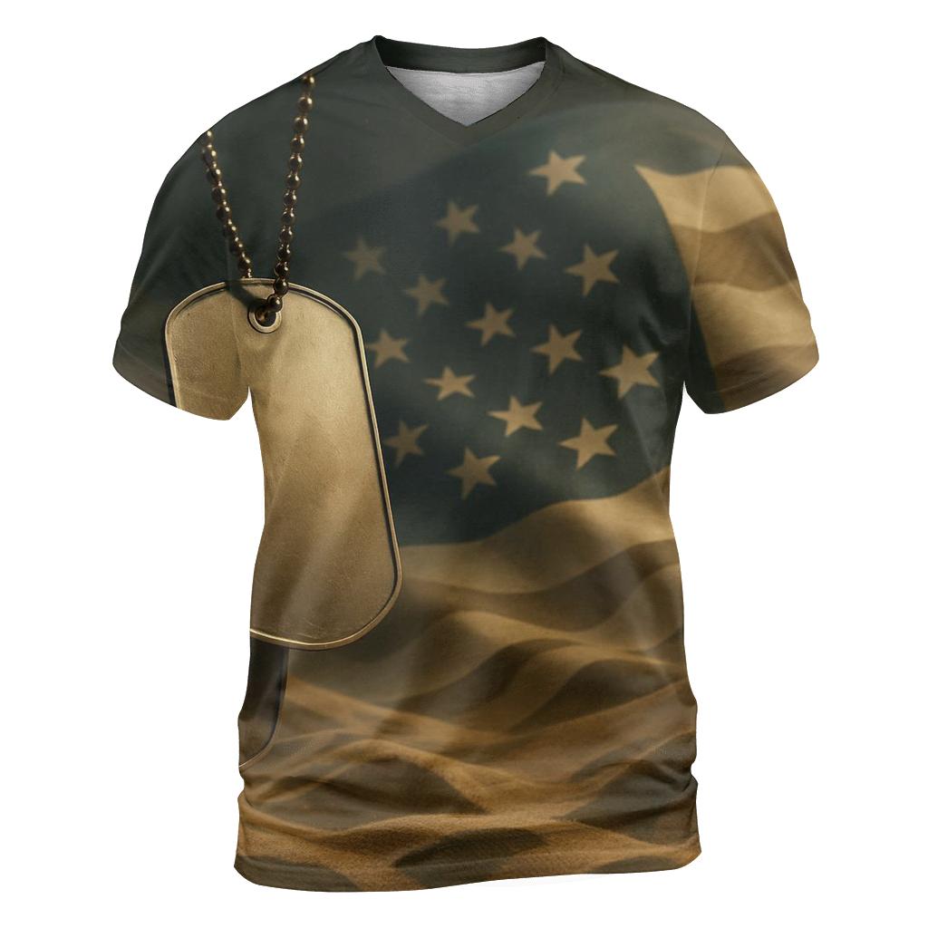 Dog Tags Over Desert Camo Flag Mirage unique graphic print tees