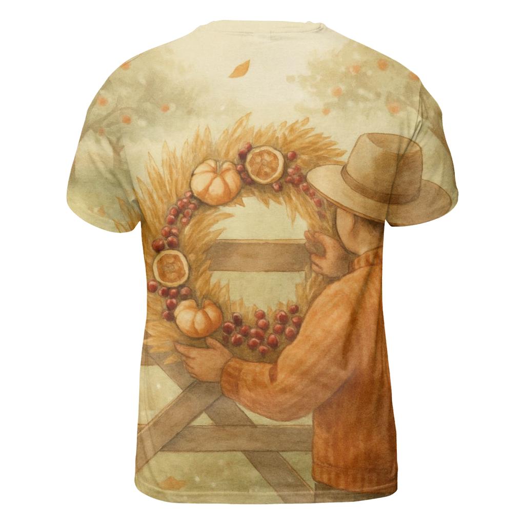 Harvest Wreath Under Morning Orchard Mist statement graphic shirts