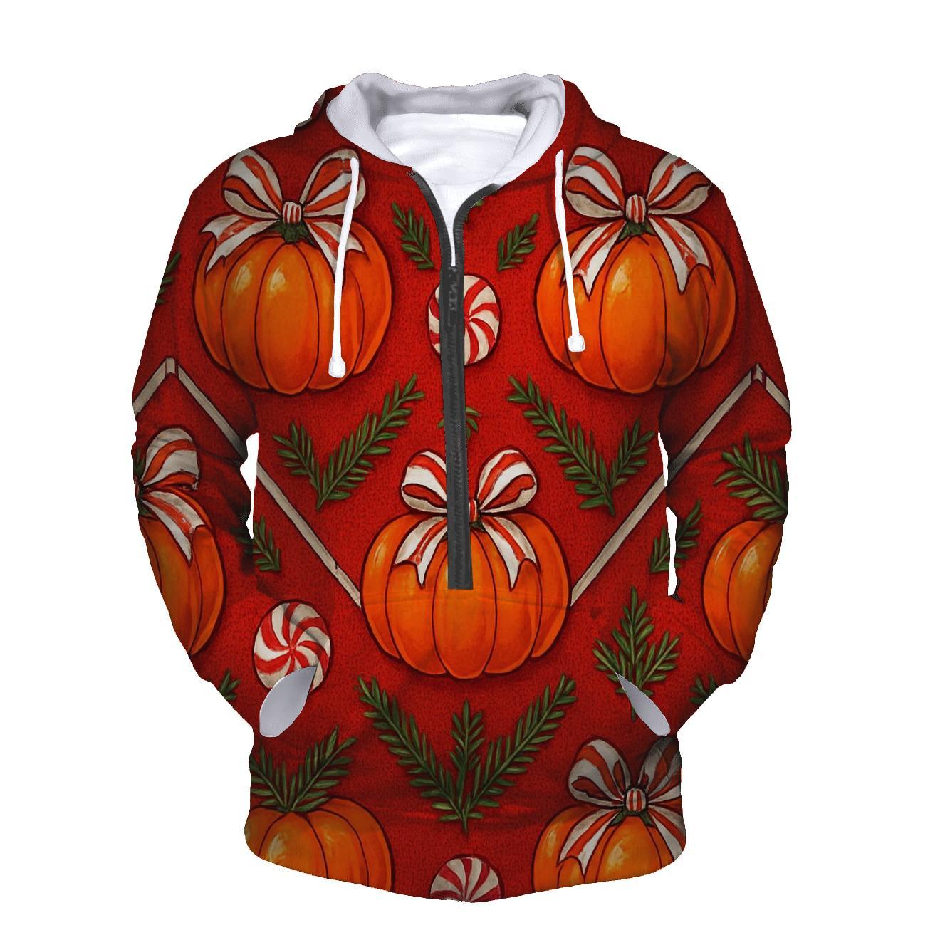 Candy Cane Chevron Pumpkin Ribbon On Red Background premium hoodies