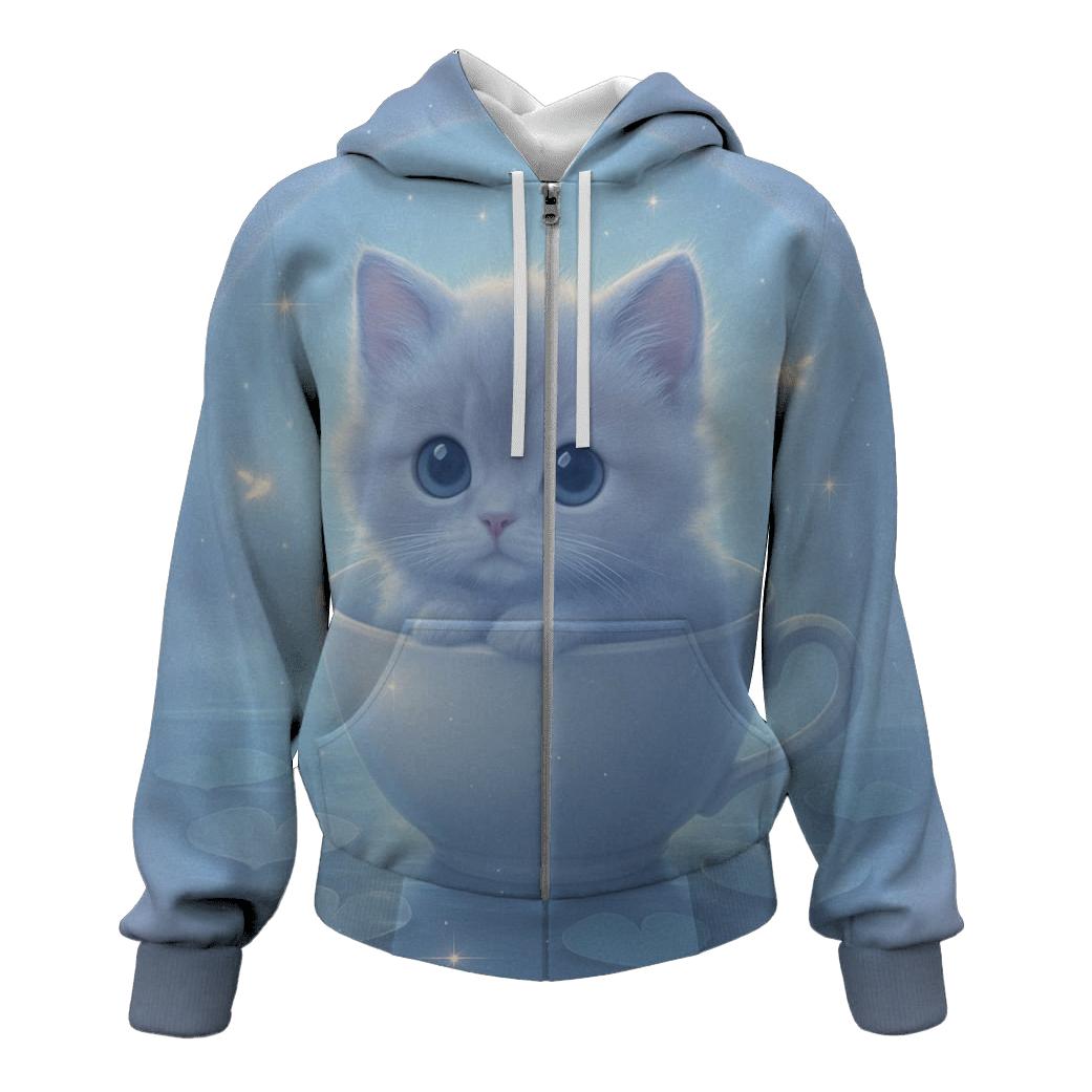 Moonlit Teacup Kitten Drift zip-up hoodies