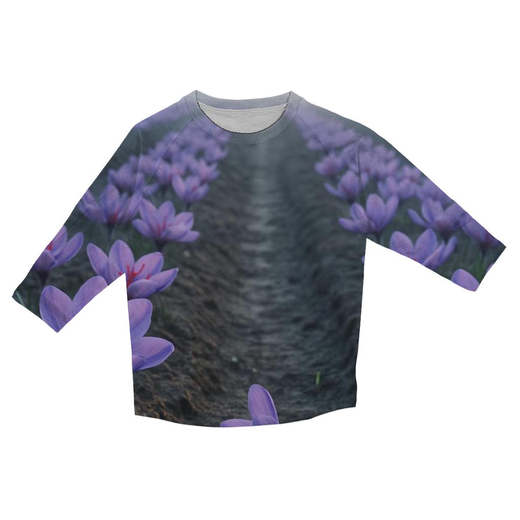 Saffron Crocus Harvest Rows In Early Autumn Mist fashion 3/4 sleeve shirts