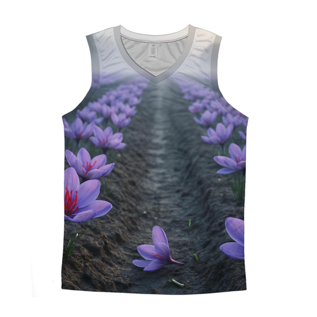 Saffron Crocus Harvest Rows In Early Autumn Mist graphic print tank tops