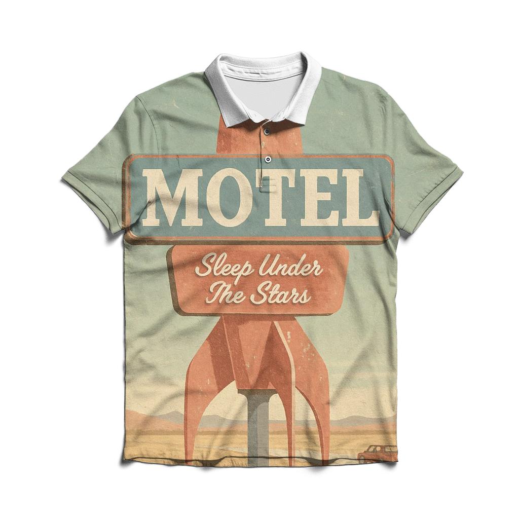 Weathered Space Age Motel Postcard premium cotton polo shirts