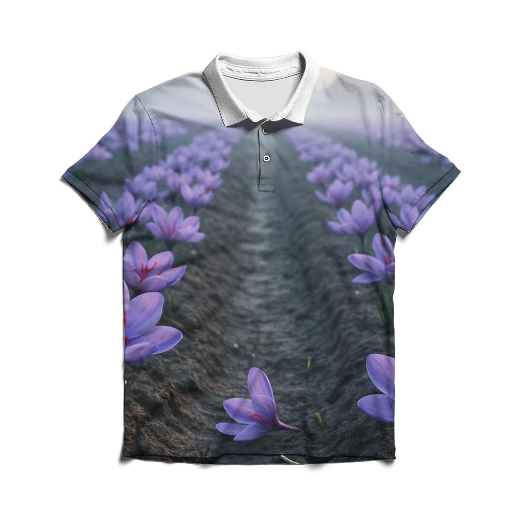 Saffron Crocus Harvest Rows In Early Autumn Mist casual sports polo shirts