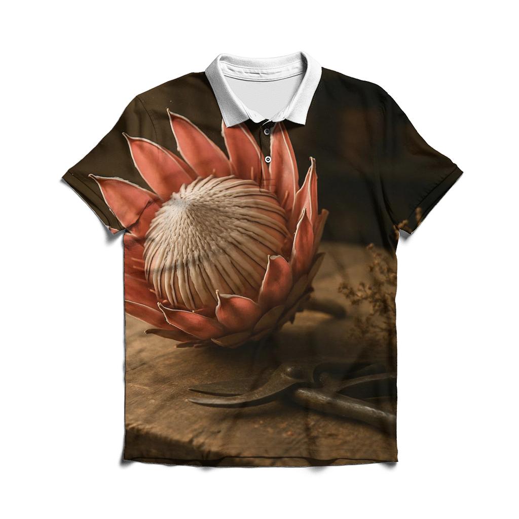 Protea Still Life At A Cape Floristic Workbench branded logo polo shirts
