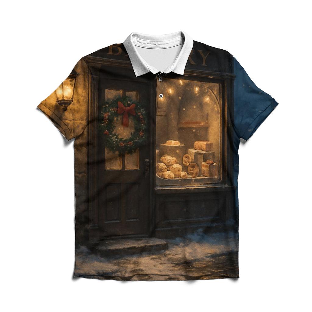 Sugarplum Bakery Window On A Snowy Street premium cotton polo shirts