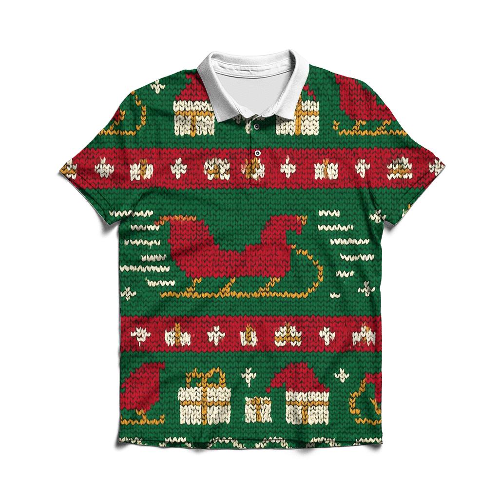 Santa Sleigh Warp Stripe Design embroidered polo tops