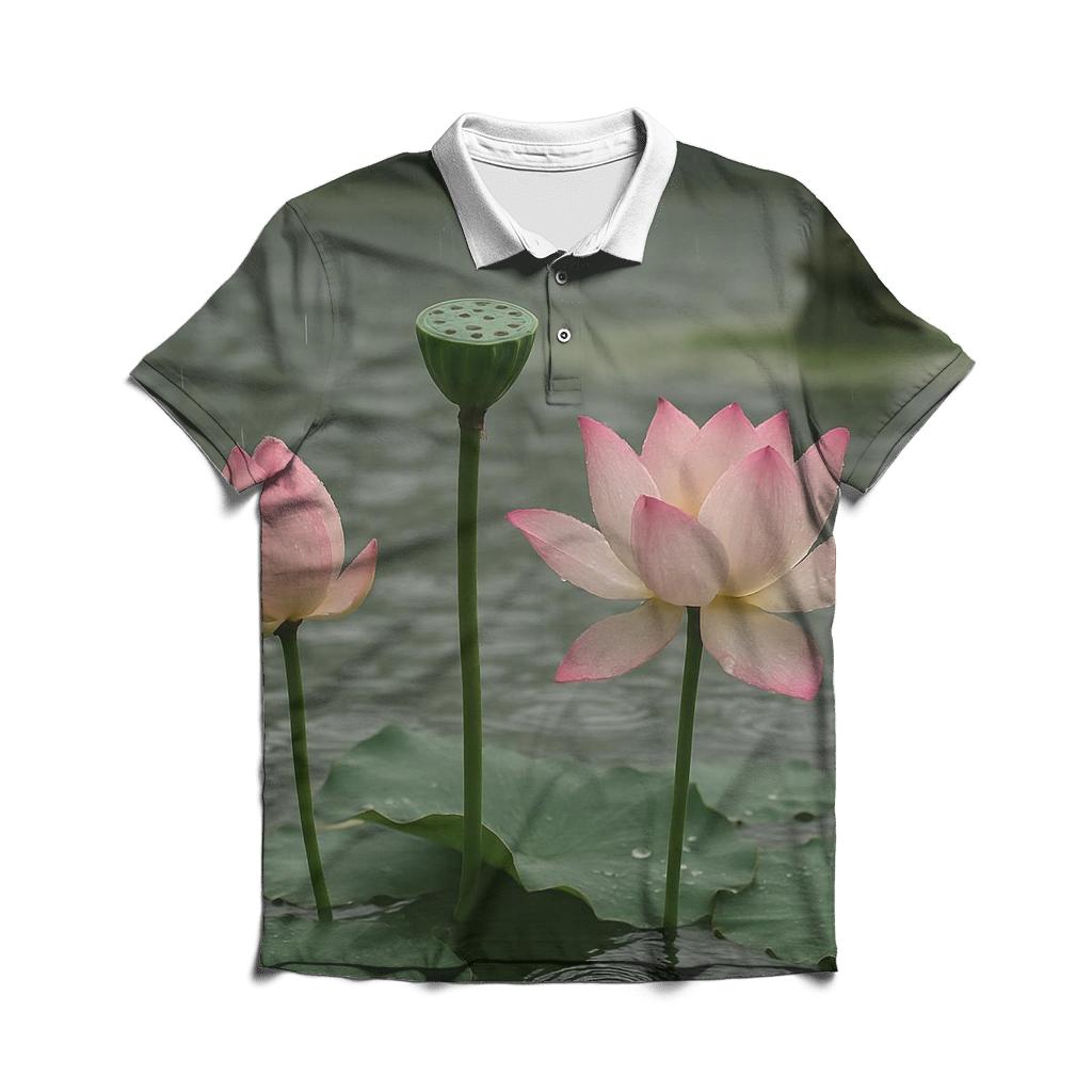 Lotus Seedpod And Blossoms In A Temple Pond After Rain casual sports polo shirts