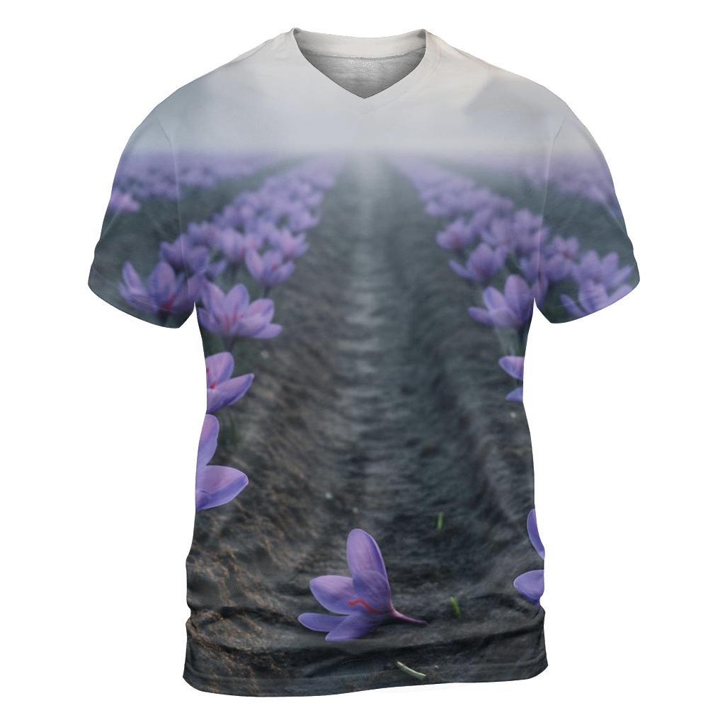 Saffron Crocus Harvest Rows In Early Autumn Mist creative print fashion shirts