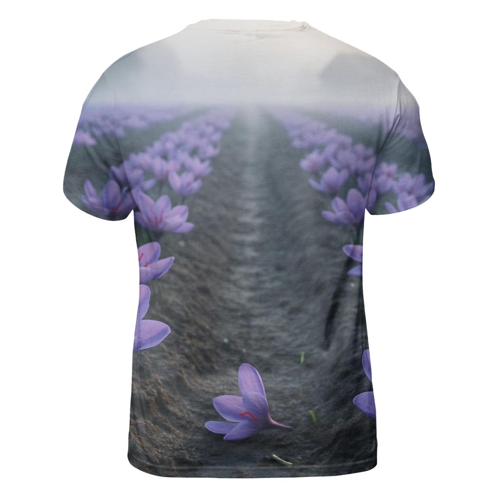 Saffron Crocus Harvest Rows In Early Autumn Mist creative print fashion shirts