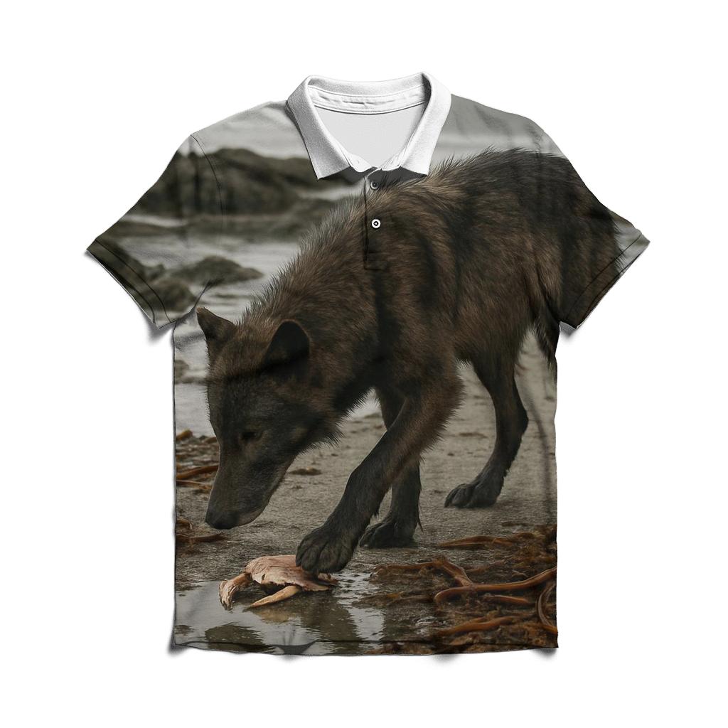 Coastal Wolf Foraging At Low Tide Kelp Line classic pique polos