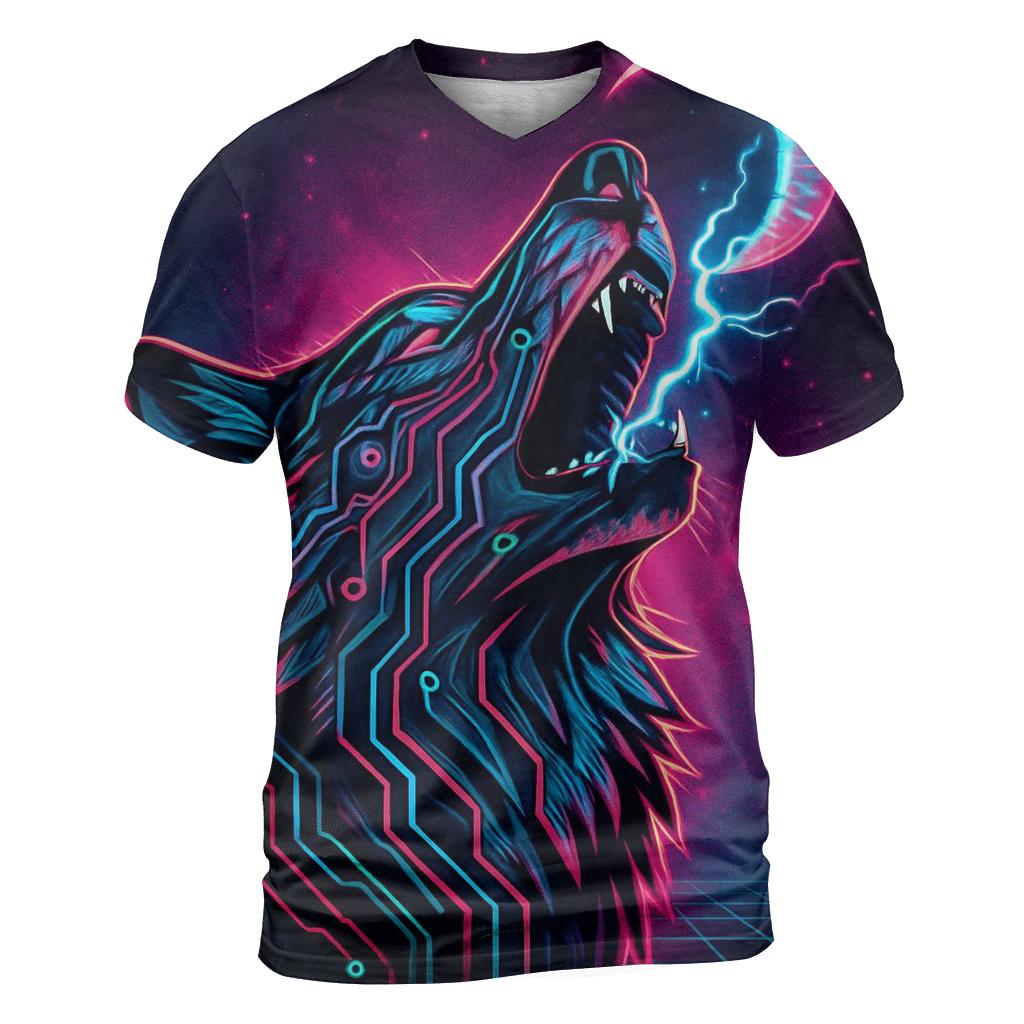 Neon Circuit Howl Wolf artistic all-over print tops