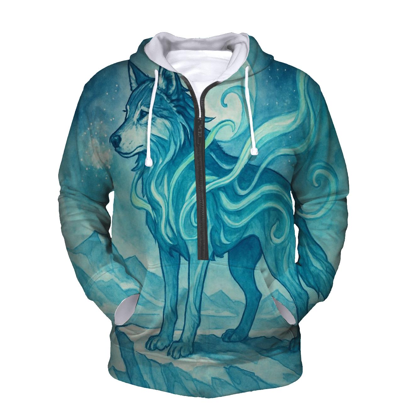 Abyssal Aurora Wolf Sentinel graphic hoodies