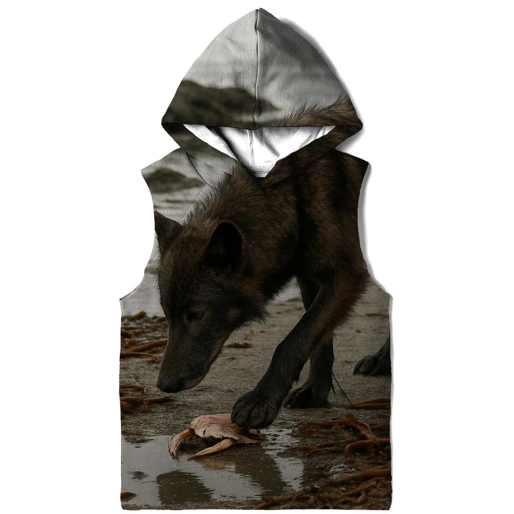 Coastal Wolf Foraging At Low Tide Kelp Line graphic hoodies