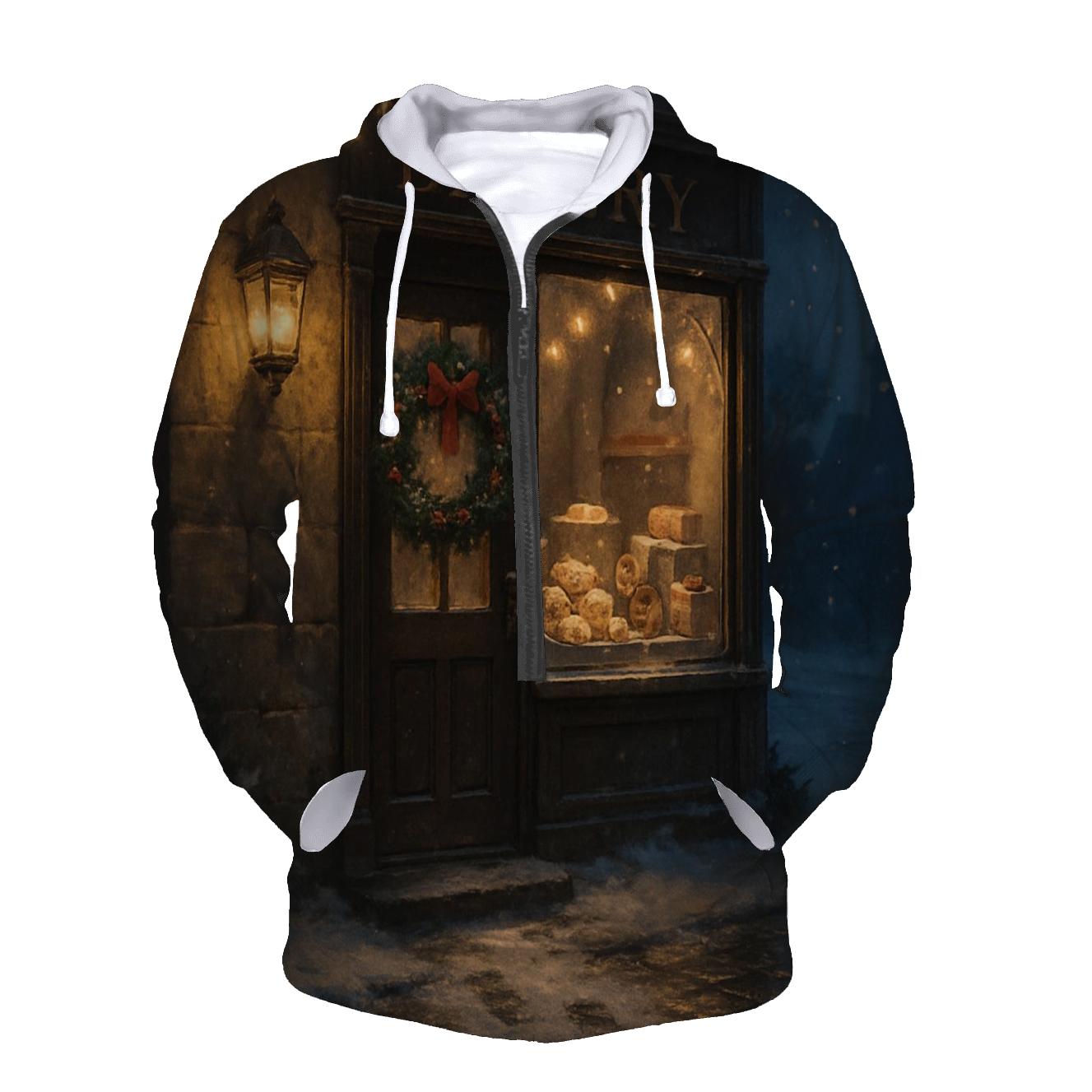 Sugarplum Bakery Window On A Snowy Street embroidered hoodies