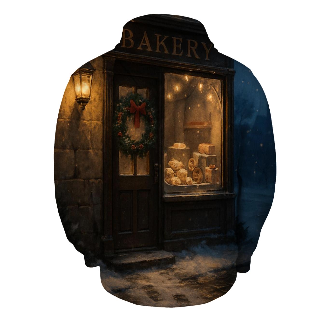 Sugarplum Bakery Window On A Snowy Street embroidered hoodies
