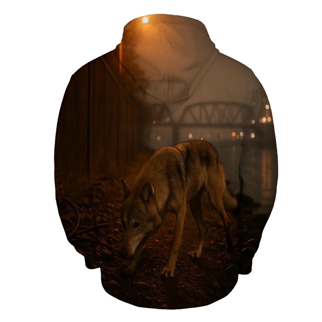 Urban Perimeter Wolf On Industrial Riverbank heavyweight hoodies