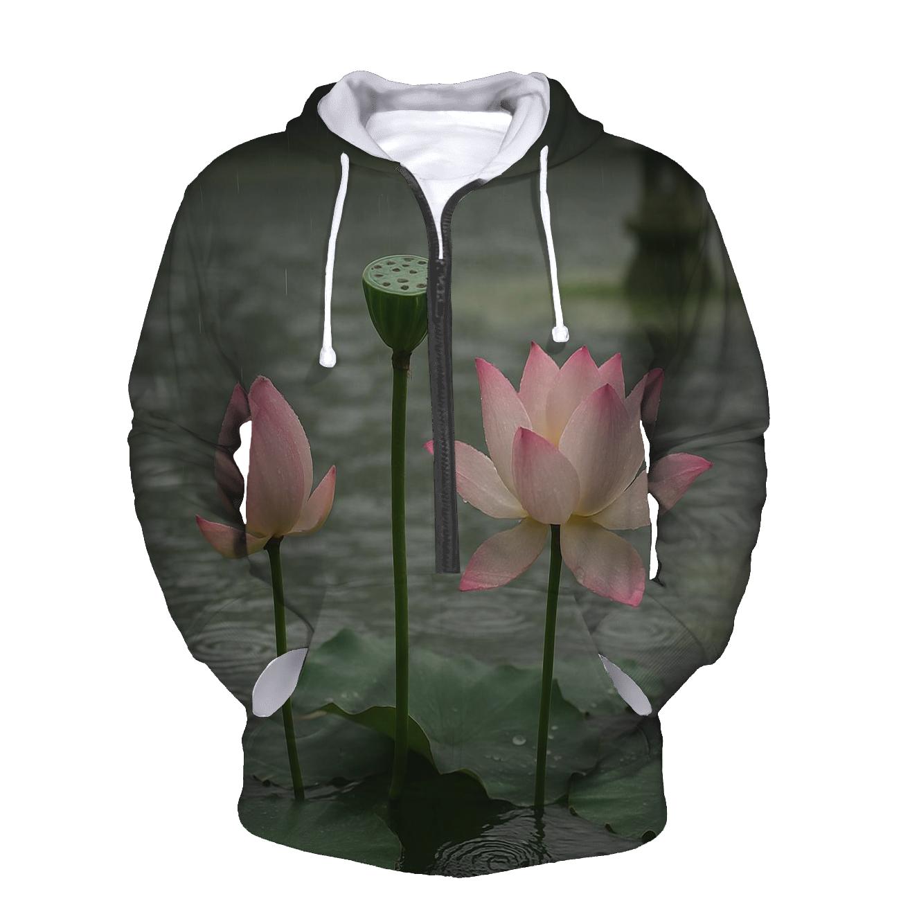 Lotus Seedpod And Blossoms In A Temple Pond After Rain embroidered hoodies