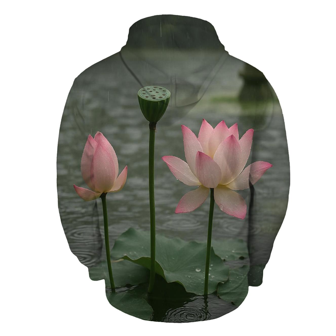Lotus Seedpod And Blossoms In A Temple Pond After Rain embroidered hoodies