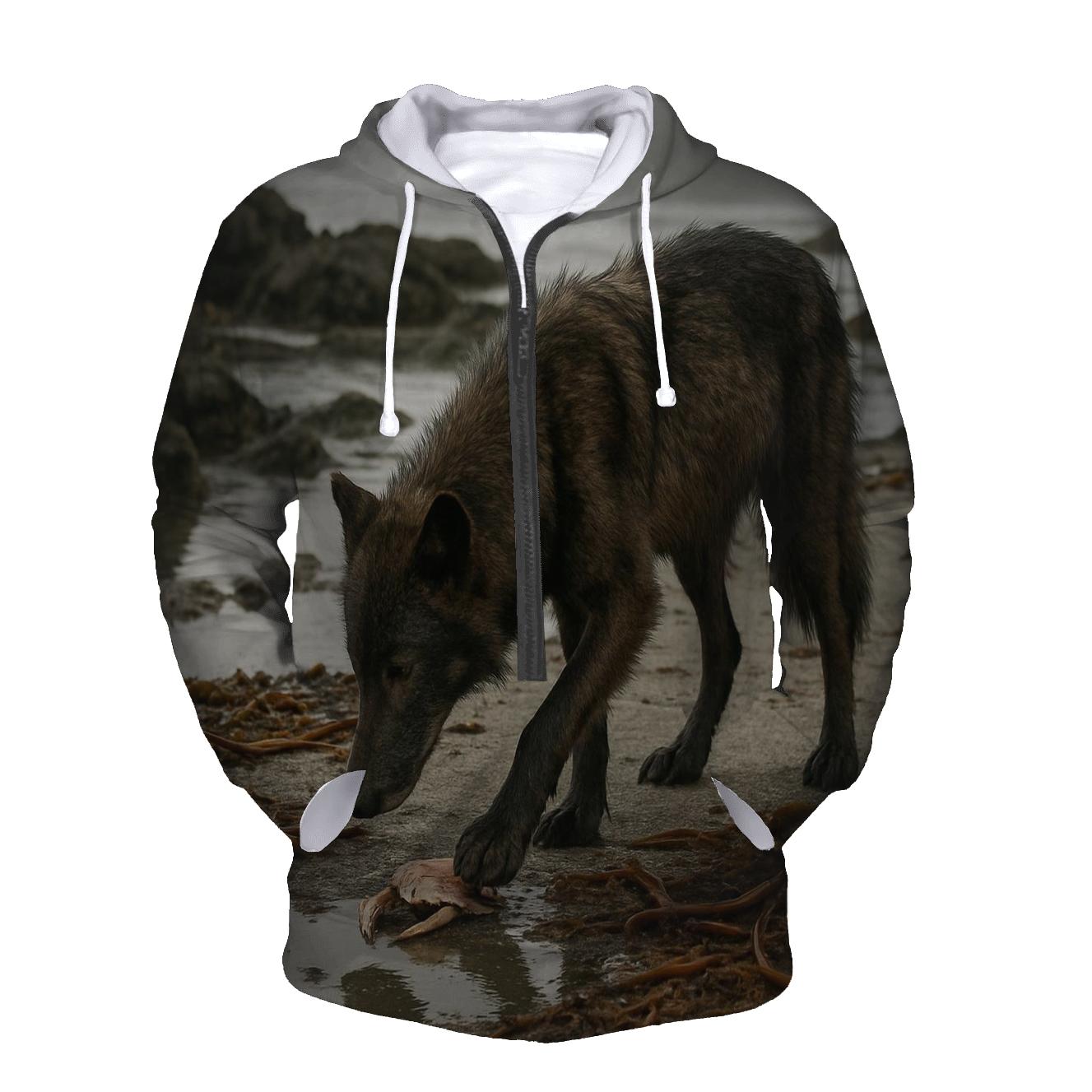 Coastal Wolf Foraging At Low Tide Kelp Line embroidered hoodies