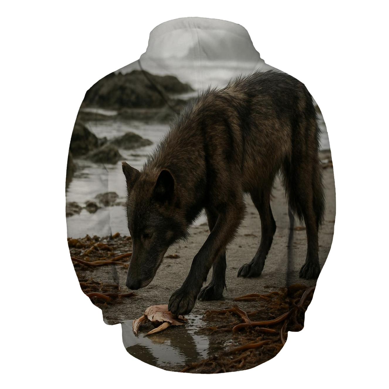 Coastal Wolf Foraging At Low Tide Kelp Line embroidered hoodies