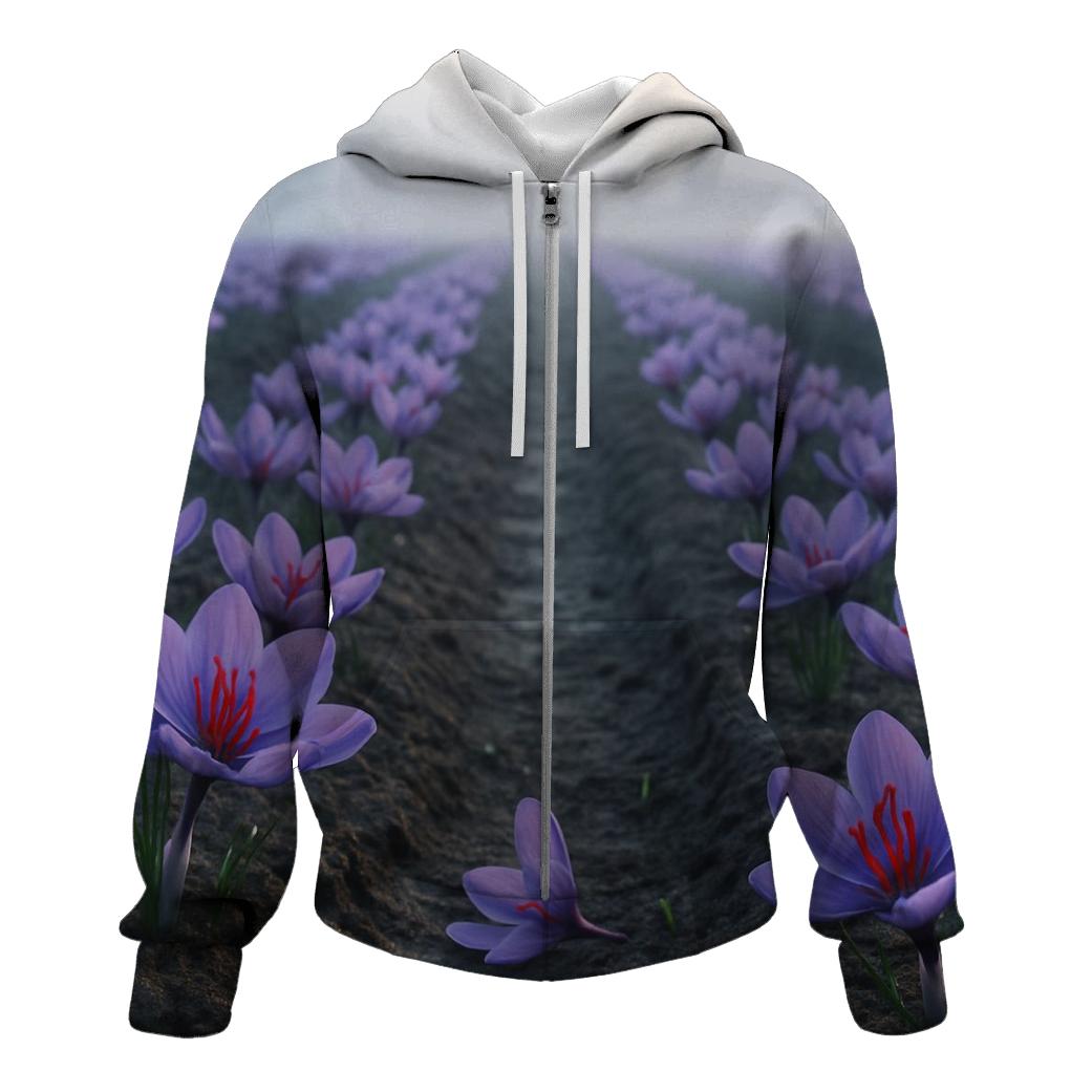 Saffron Crocus Harvest Rows In Early Autumn Mist custom hoodies