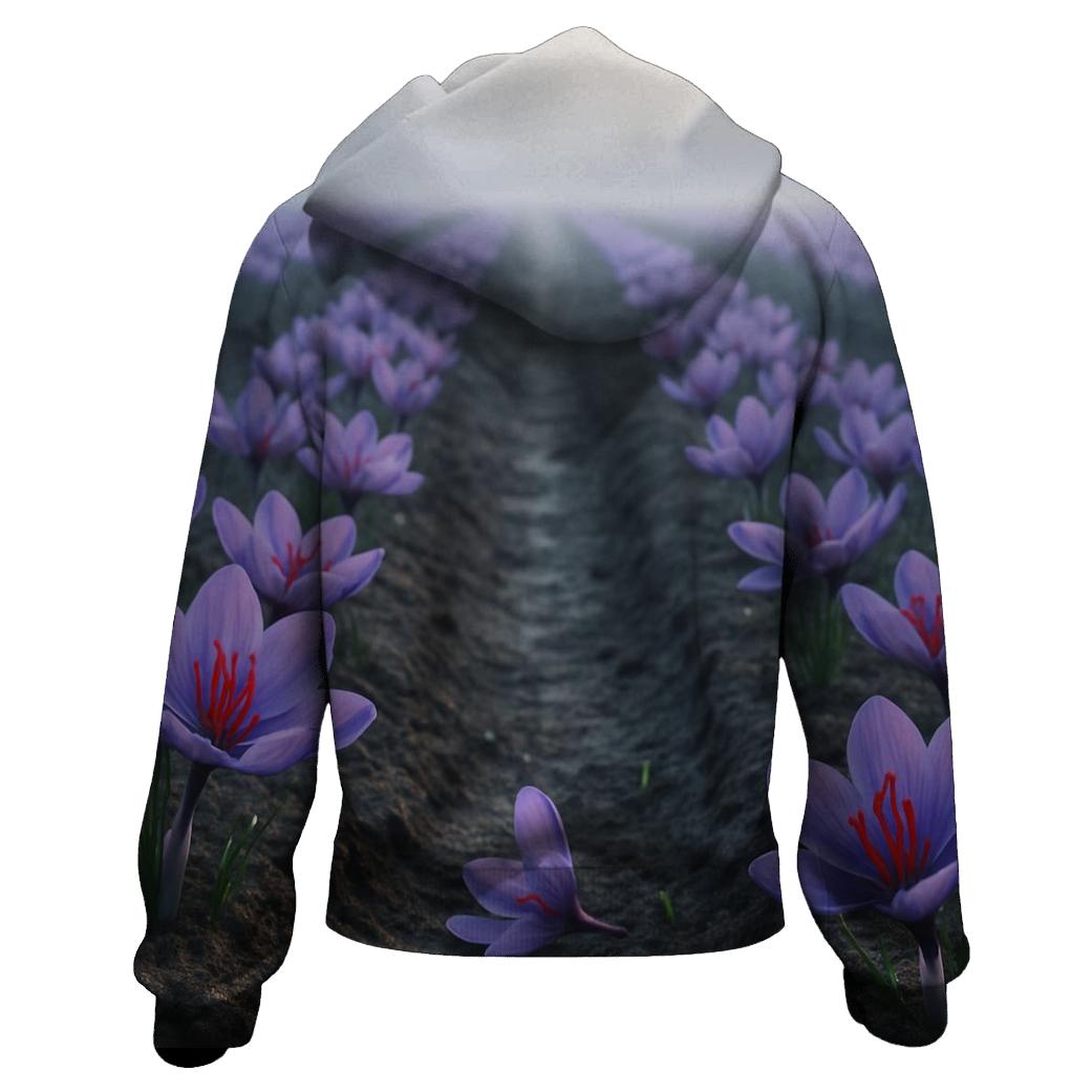 Saffron Crocus Harvest Rows In Early Autumn Mist custom hoodies