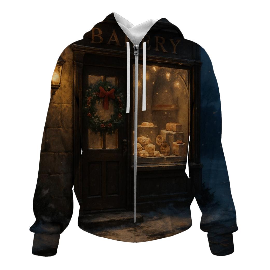 Sugarplum Bakery Window On A Snowy Street premium hoodies
