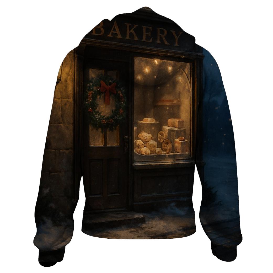 Sugarplum Bakery Window On A Snowy Street premium hoodies