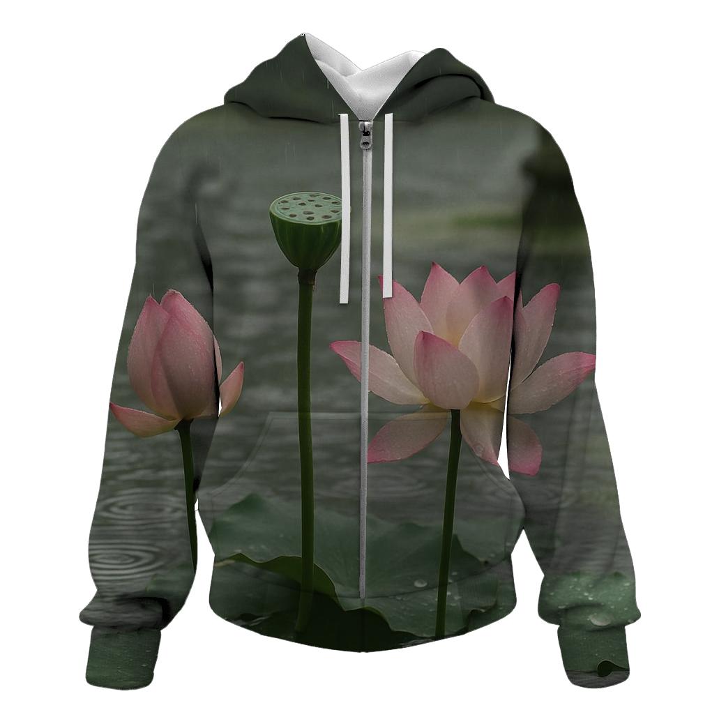 Lotus Seedpod And Blossoms In A Temple Pond After Rain embroidered hoodies