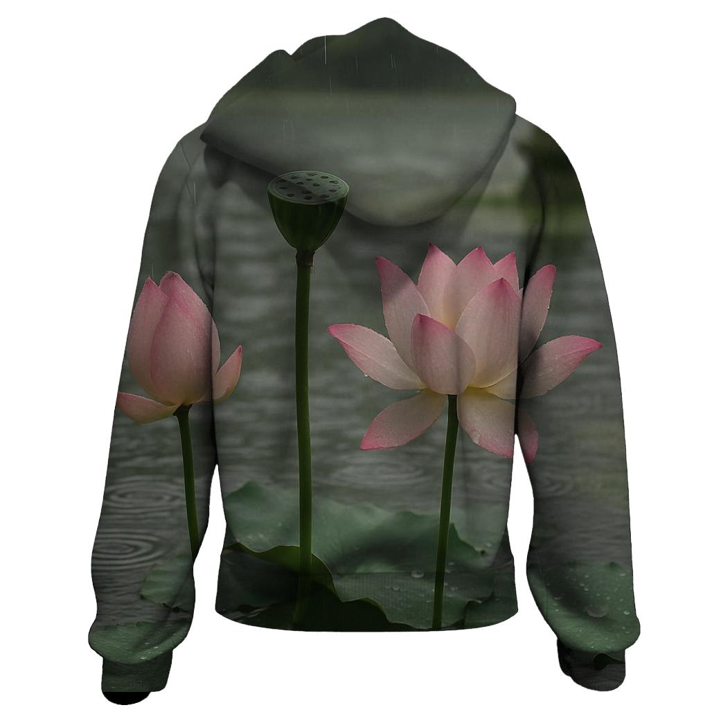 Lotus Seedpod And Blossoms In A Temple Pond After Rain embroidered hoodies