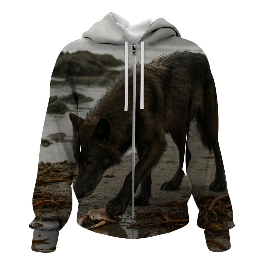 Coastal Wolf Foraging At Low Tide Kelp Line pullover hoodies