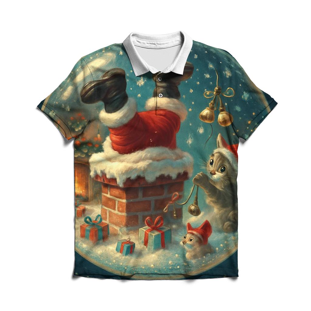 Santa Stuck Chimney Snow Globe Scene custom polo shirts