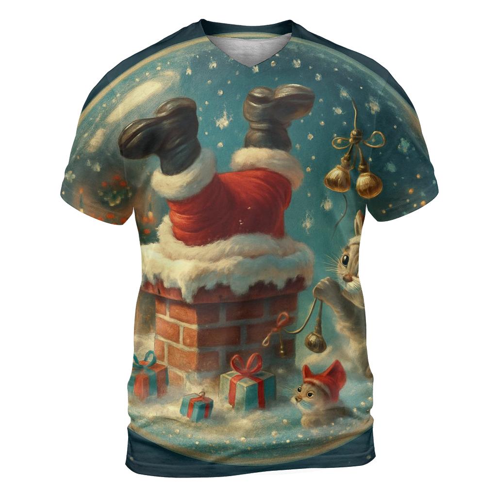 Santa Stuck Chimney Snow Globe Scene vibrant all-over design tees