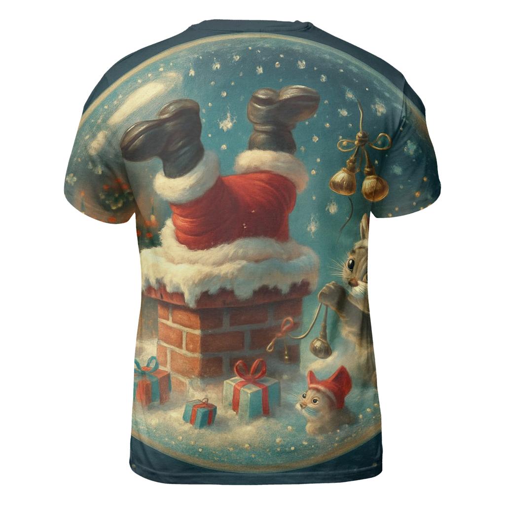Santa Stuck Chimney Snow Globe Scene vibrant all-over design tees
