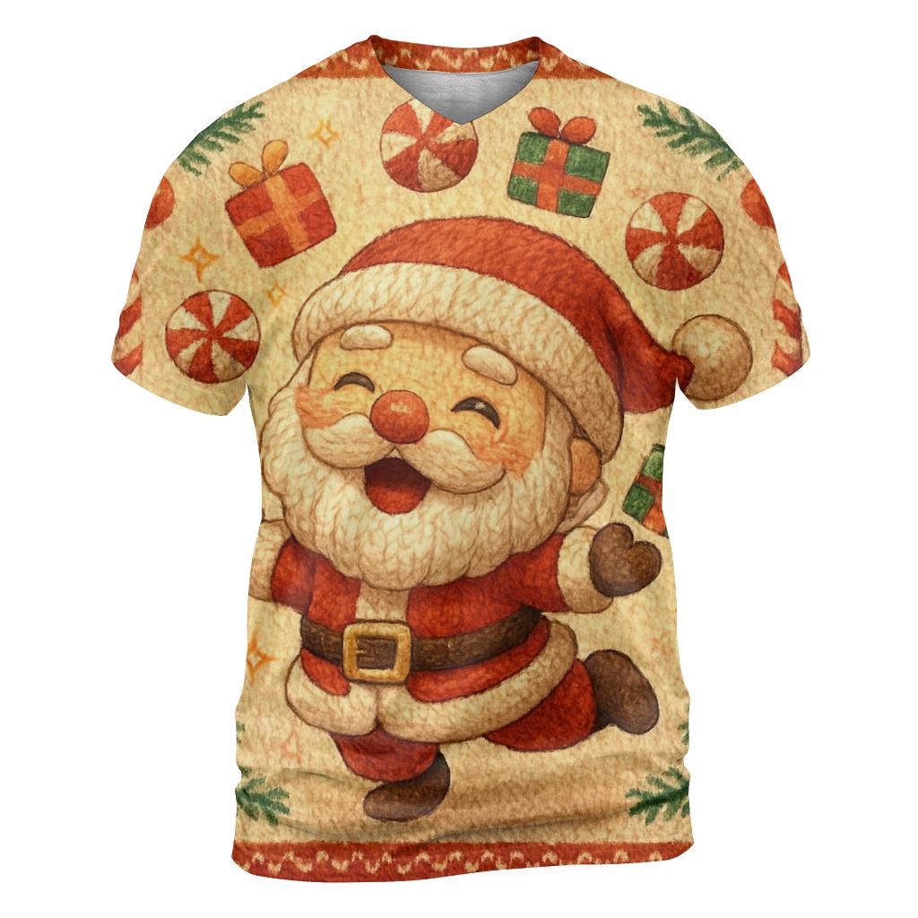 Knitted Candy Cane Chaos Santa vibrant all-over design tees