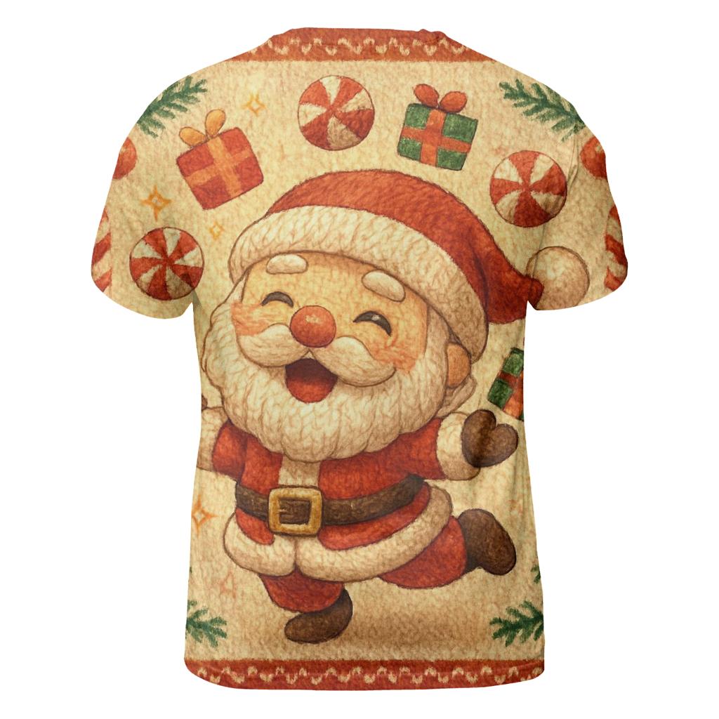 Knitted Candy Cane Chaos Santa vibrant all-over design tees