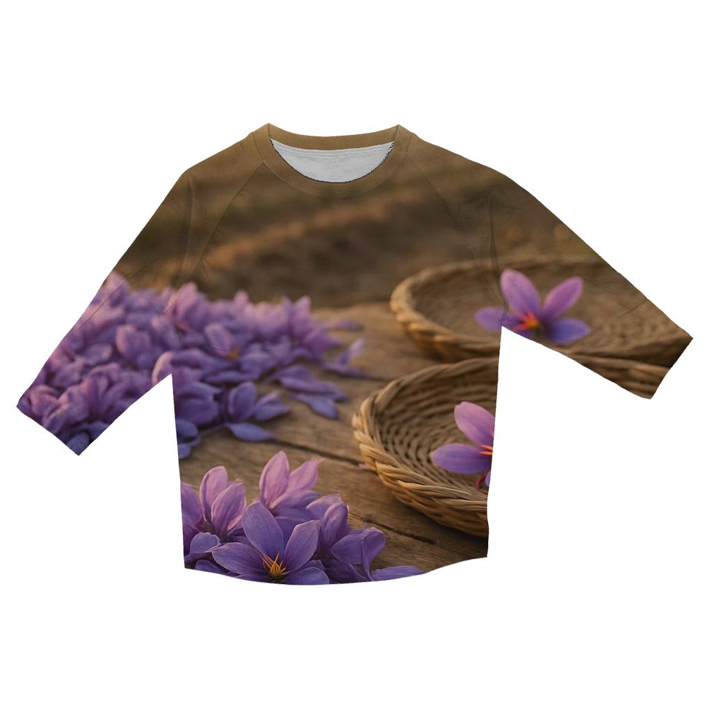 Saffron Crocus Harvest Trays In Autumn Field trendy 3/4 sleeve tops