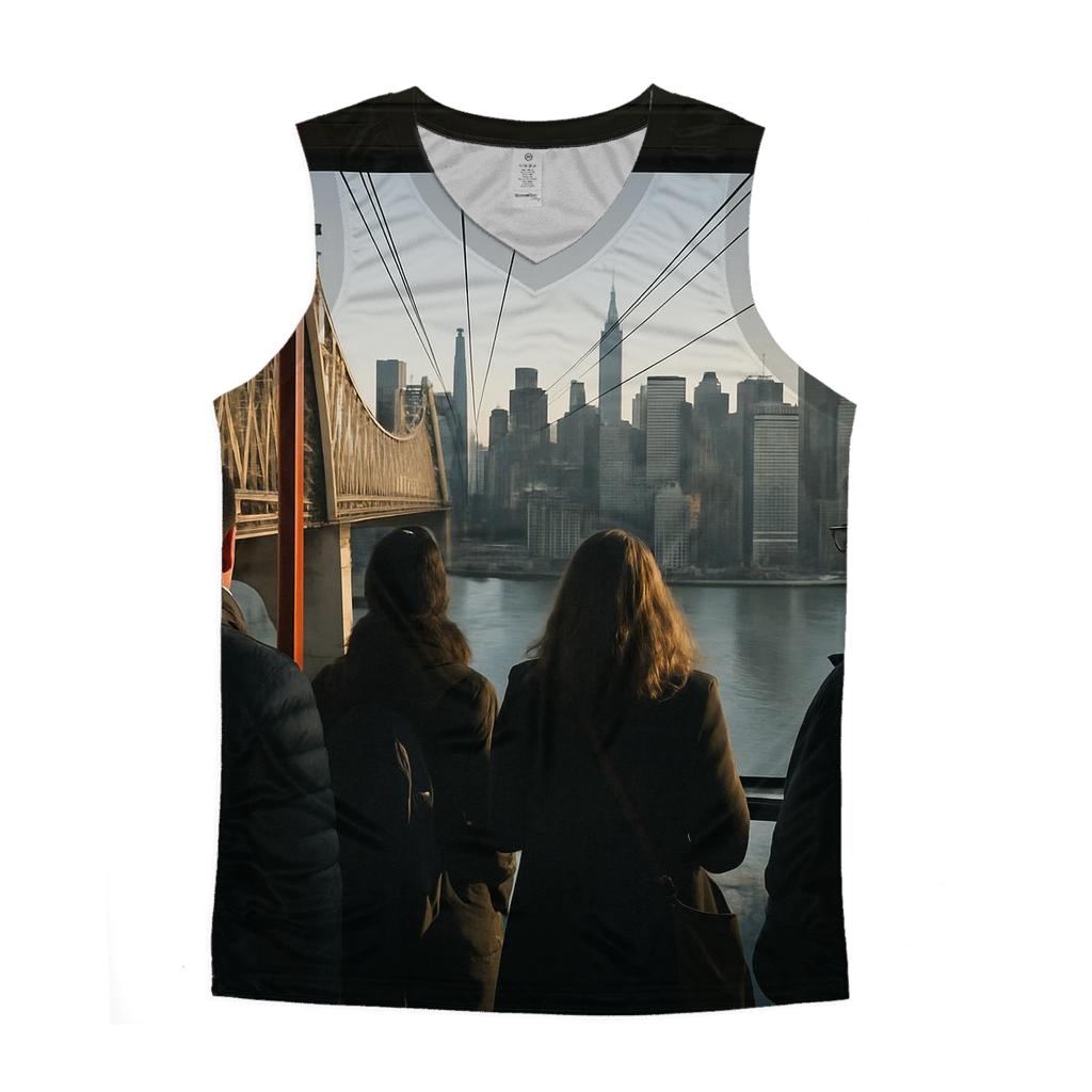 Roosevelt Island Tram Window Over The East River graphic print tank tops